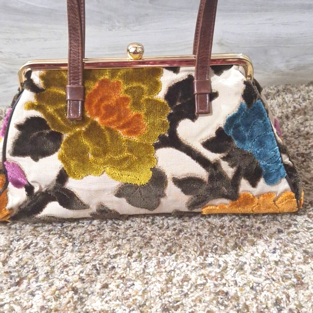 Floral Velvet Frame Satchel – Multicolor with Brown Handles - Picture 3 of 6